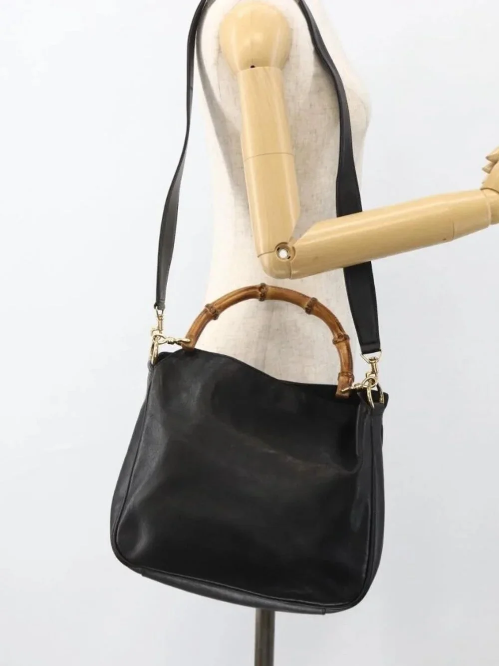 GUCCI Bamboo Hand Bag Leather 2way Black Gold Auth bs34287